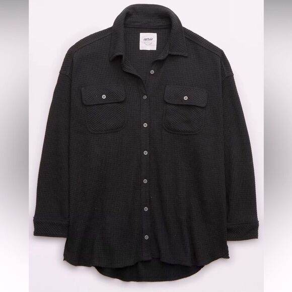 aerie XL Lumber Stone Washed True Black Waffle Knit Cotton Blend Oversized Shirt - Picture 3 of 14